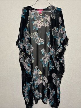 Betsey Johnson Black Floral Sheer Kimono with Blue & Pink Accents